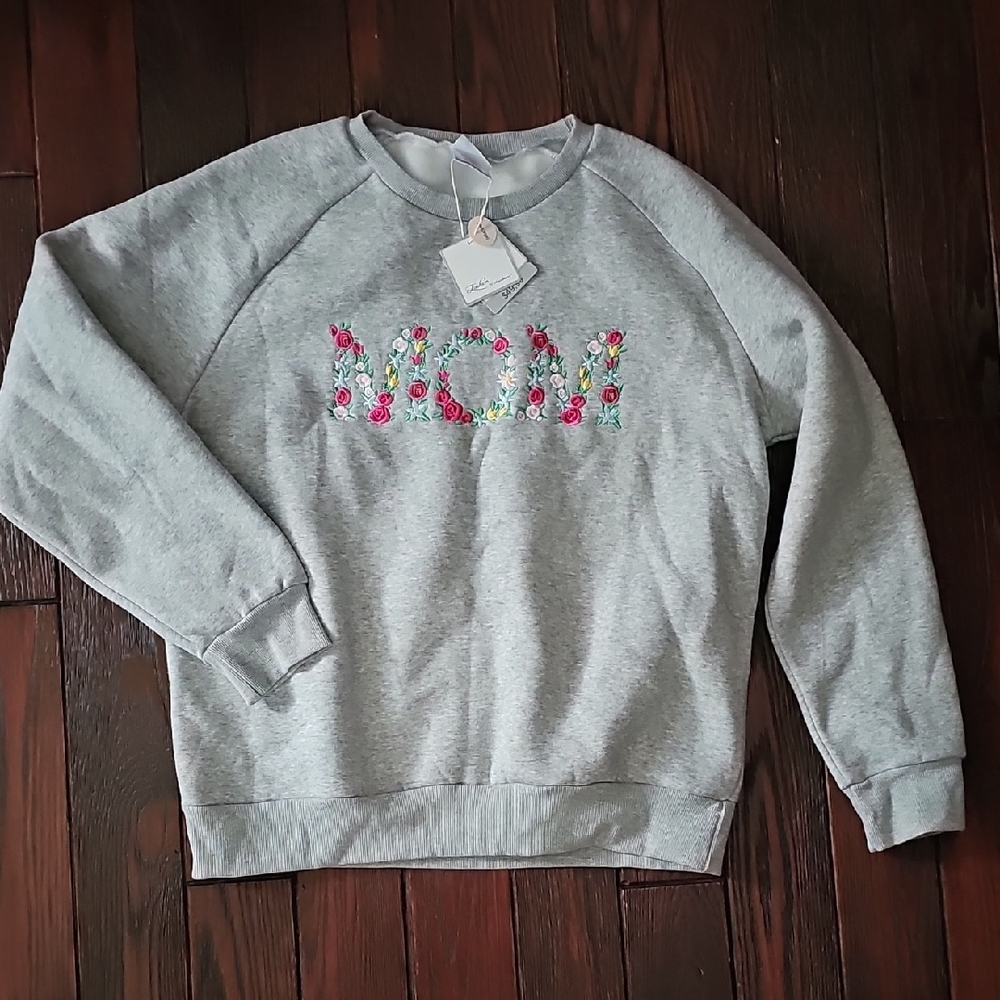 Gray Women's Sweatshirt with Floral Embroidered MOM